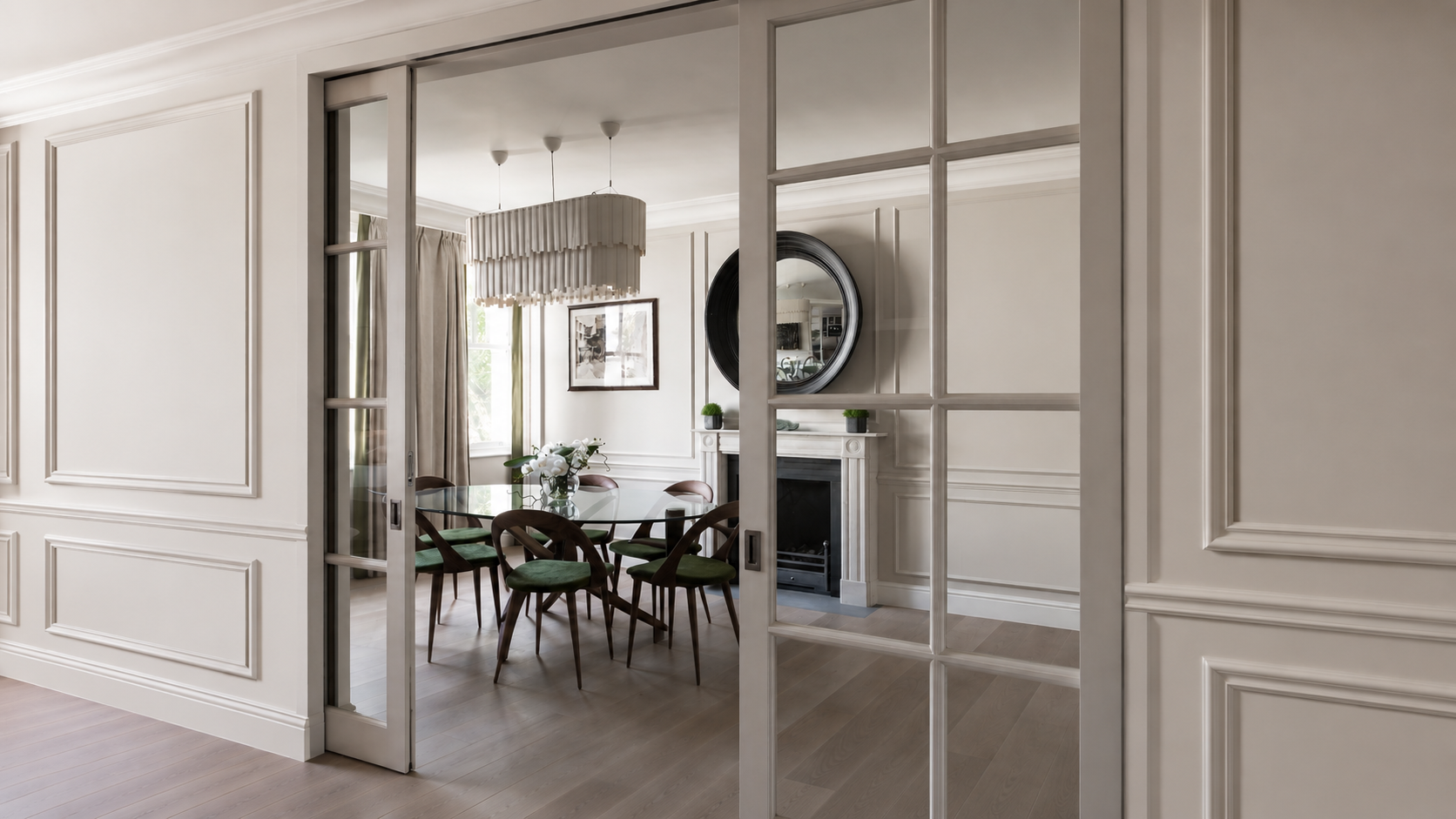 A view through glazed double doors into a light-filled dining room: a glass table with green-cushioned chairs and a pleated linen pendant above.